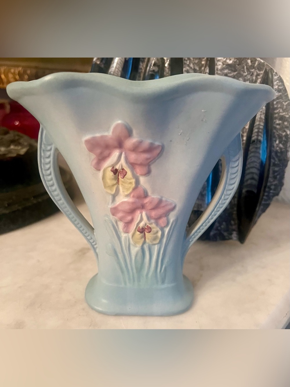 Vintage Hull Art Pottery Orchid Flower Vase Model 307 - 6 1/2, Blue